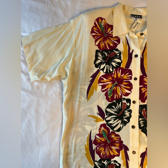 Vtg NWT FAITH Cream shirt blouse Hula Girl Hawaiian Hibiscus sequins woman’s L - Picture 2 of 11